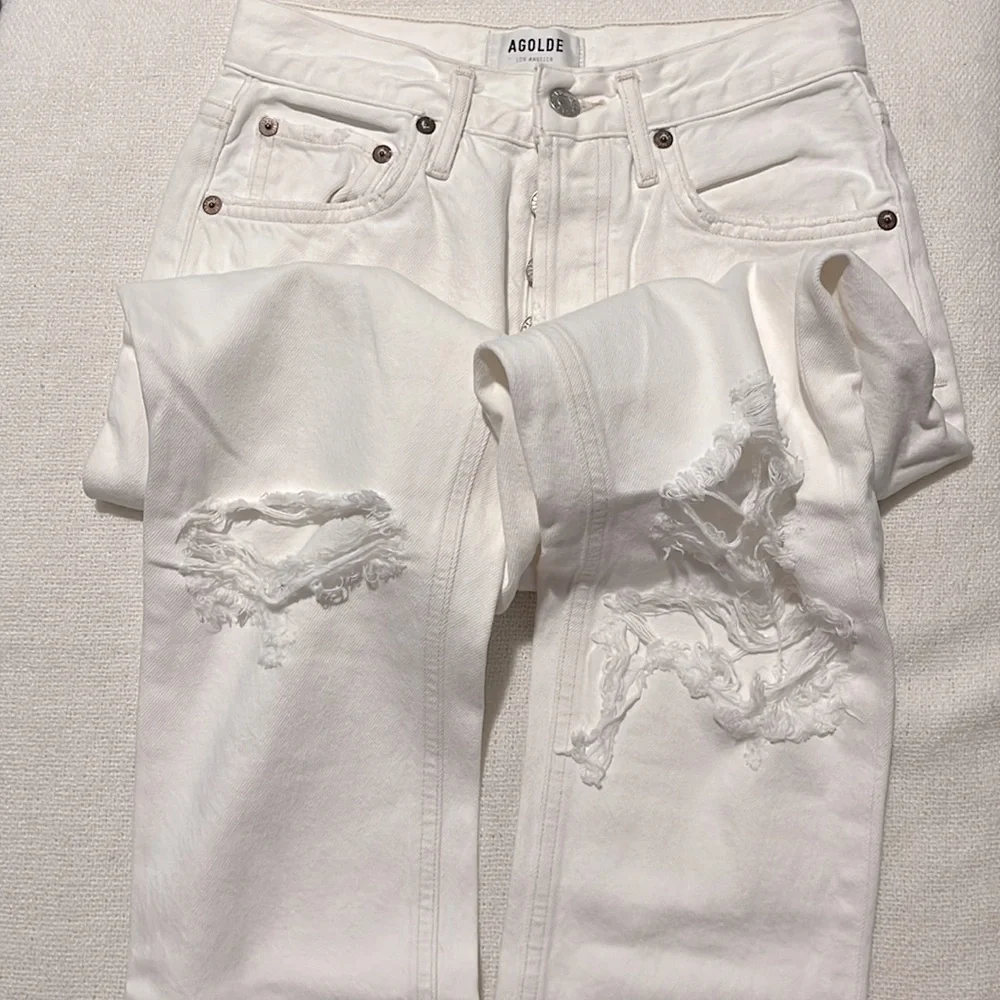 AGOLDE Riley High Rise Straight Crop Jeans Veil White‎ Distressed Womens Size 24